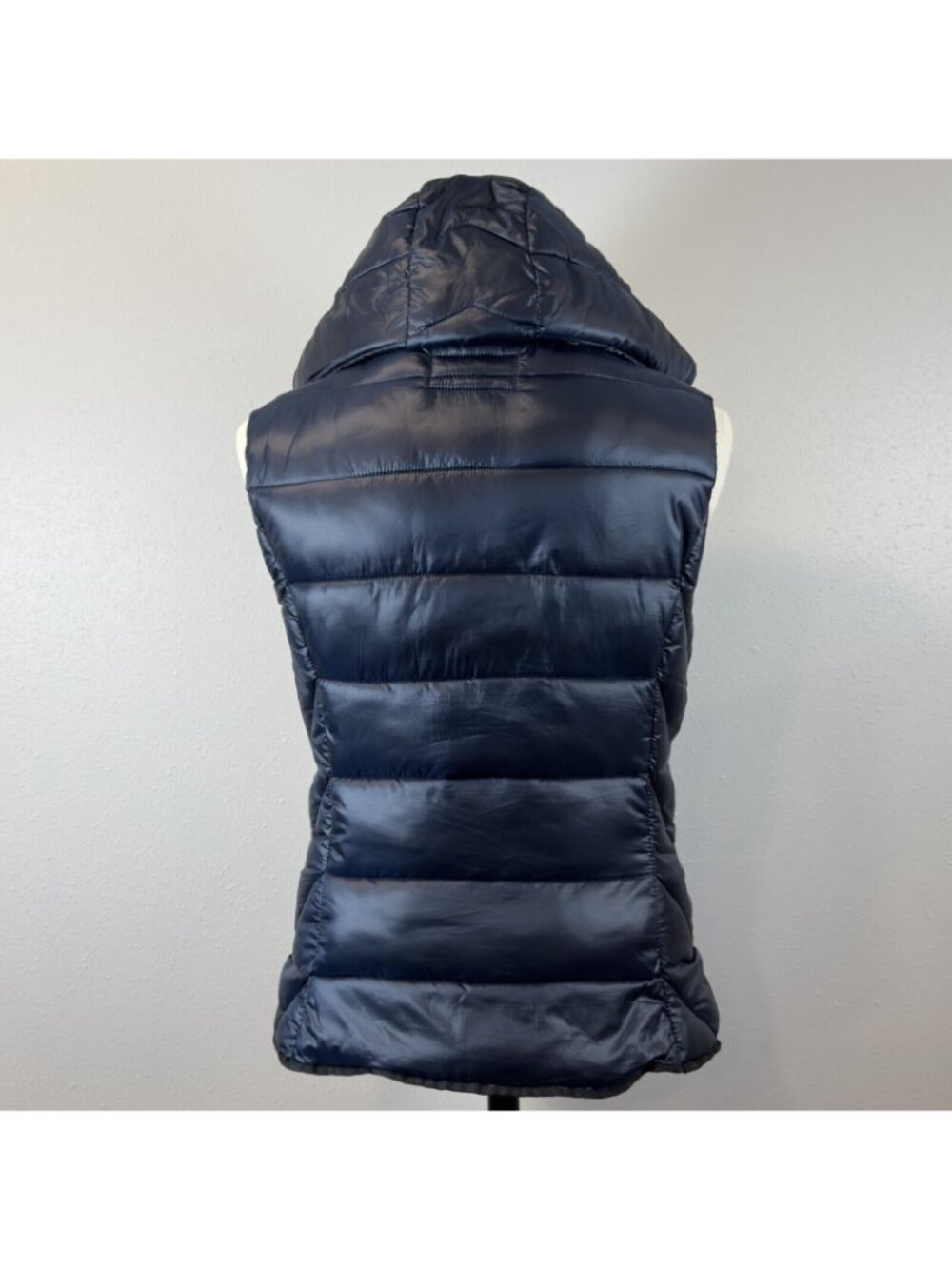 Zara Trafaluc Hooded Puffer Vest Womens Size S Blue Snap Zip Pockets Black Trim - Picture 3 of 16